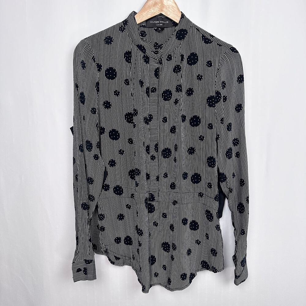 Hilton Hollis Button Up Shirt Size XL Black Stripe Dot‎ Long Sleeve Blouse
